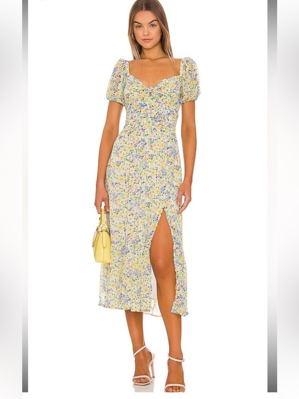Astr Yellow Floral Puff-Sleeve Midi Dress with Front Slit